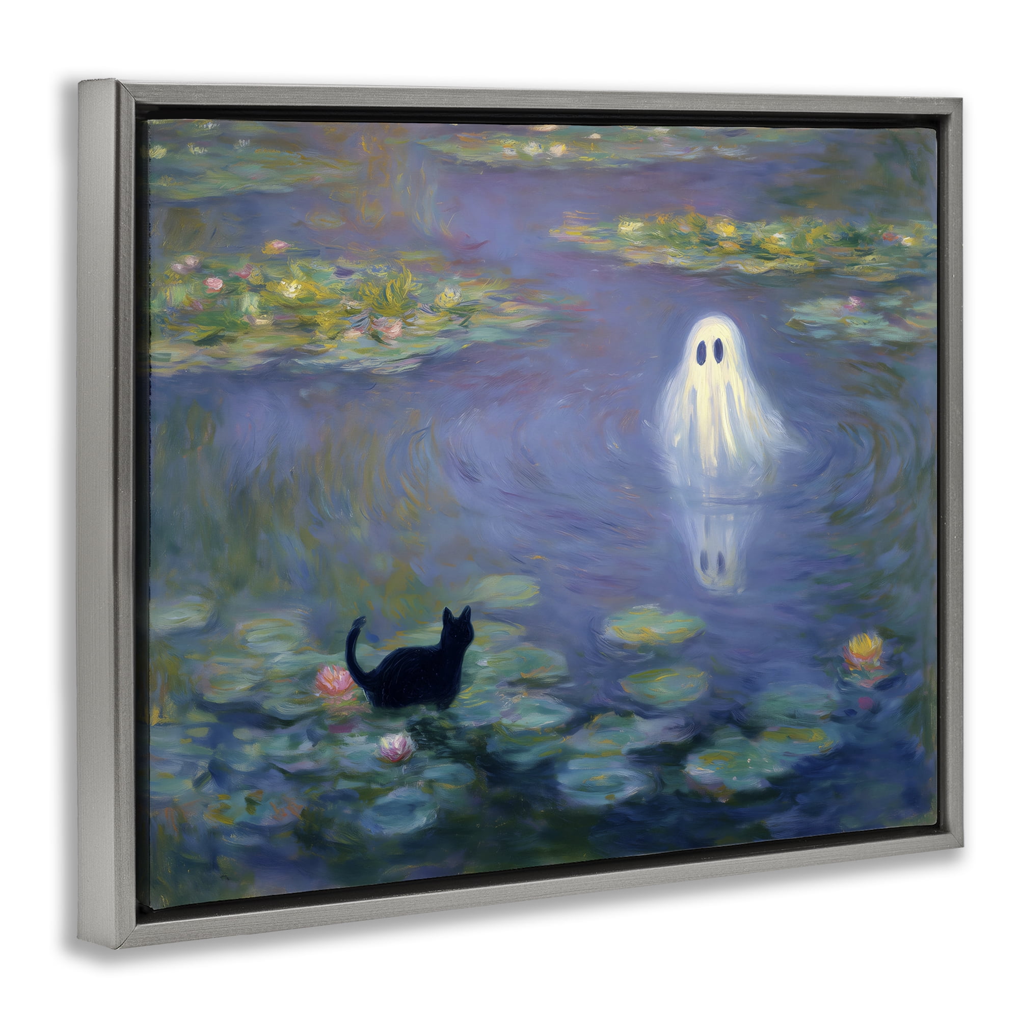 Water Lilies with Ghost & Kitty Gray Framed Floater Canvas Wall Art, design by Arlington Prints