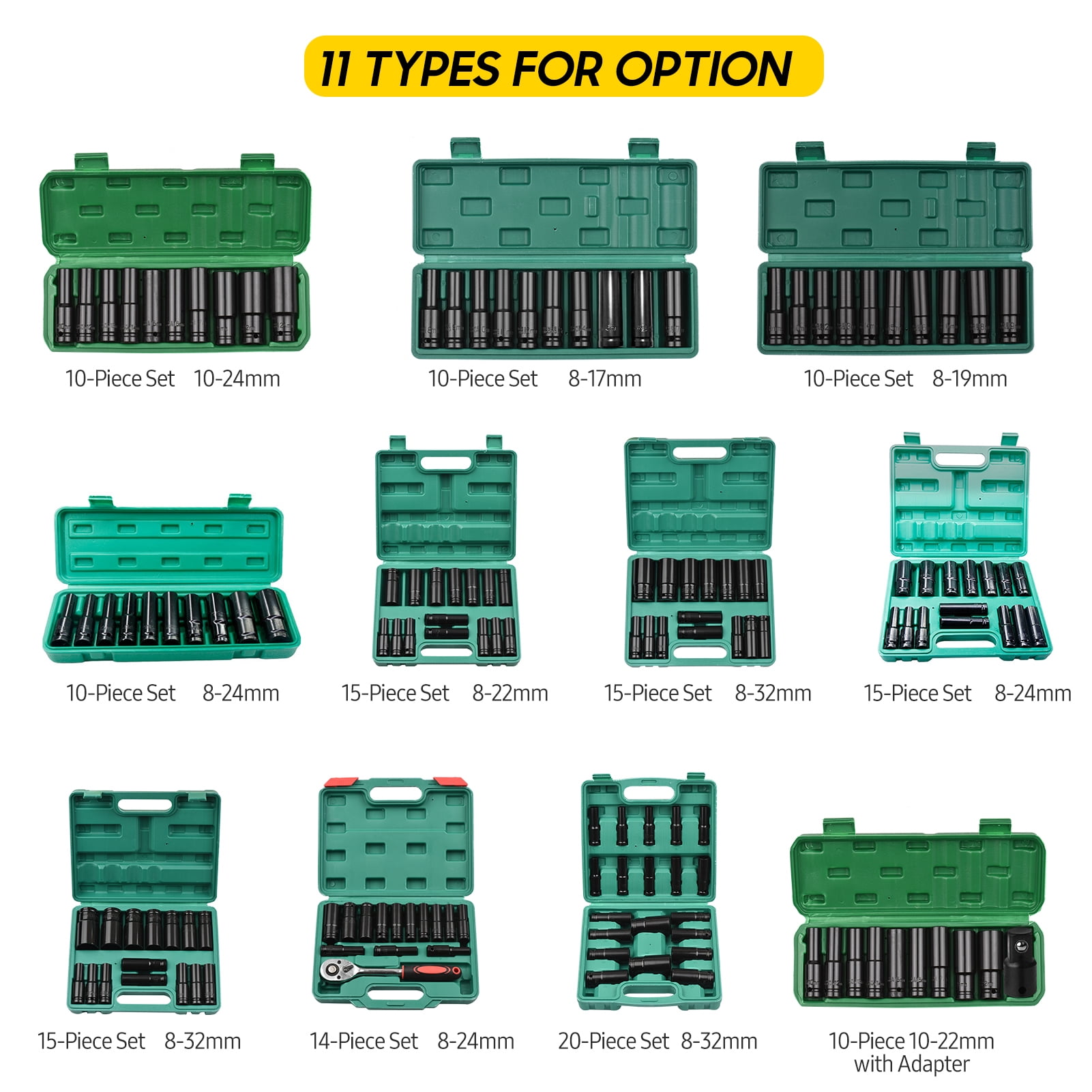 Socket 1/2Inch Drive Hex Impact Socket Set 20-Piece Deep Socket Metric Sizes 8-32mm  Material With Storage Box