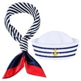 thumbnail image 1 of Conjunto de sombrero y bufanda de marinero para mujeres, hombres, traje azul marino, azul con sombrero de marinero blanco, sombrero de capitán, bufanda de marinero para Halloween, disfraz de cosplay, 1 of 6