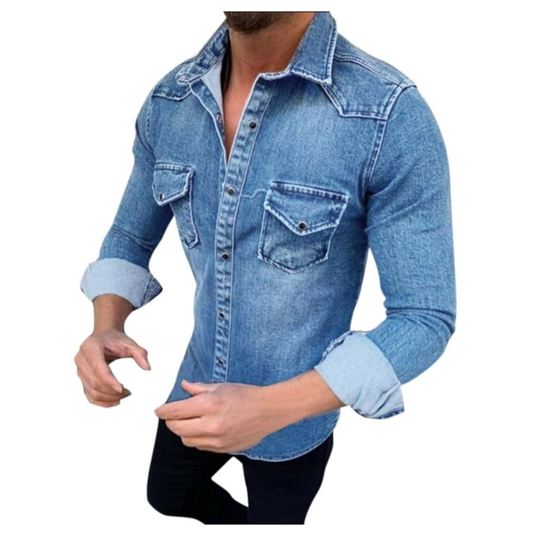 kpoplk Men's Casual Lightweight Long Sleeves Denim Jacket Casual Long  Sleeve Slim Fit Outwear Solid Tops Light Blue,XL 