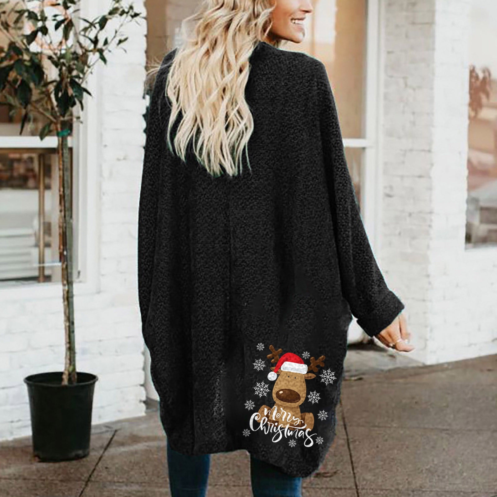 Cardigans For Women Plus Sizes Women'S Casual Christmas Printed Blouse Mid-Length  Cardigan Long Sleeve Solid Tops Sweater Black Xxl - Walmart.com