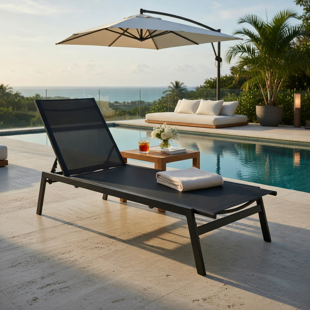 Hommoo 6-Position Adjustable Outdoor Chaise Lounge Chair, Heavy-Duty Steel Frame, Rustproof & Quick-Dry Fabric, Poolside & Backyard Recliner, Black