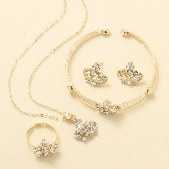 LPSSTORE 4PCS Suit Gold Diamond Design Pendant Necklace Earrings Bracelet Ring Sweet and Ladies Wedding Jewelry Set