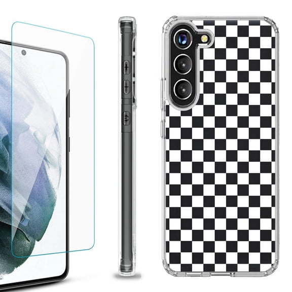 OneToughShield ® for Samsung Galaxy S23  S23 Plus 5G Shockproof Bumper Phone Case, with Tempered Glass Screen Protector - Checker B/W
