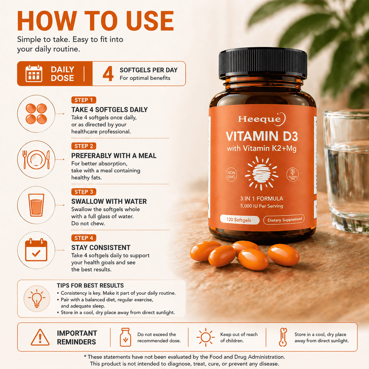 Heeque Vitamin D3 K2, D3 5000 IU, K2 200 mcg, with Magnesium Glycinate, Triple-Action High-Absorption Bone and Immune Support, 120 Softgels