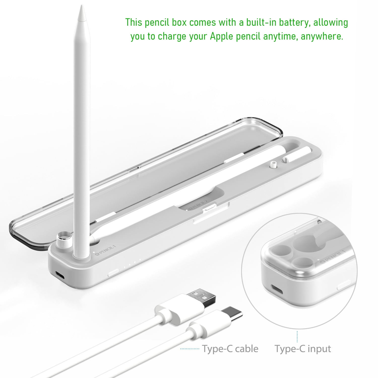 2in1 Wireless Charging Case for Apple Pencil 1st / 2nd Generation, Built-in Battery Charger, Portable iPad Pencil Box Holder