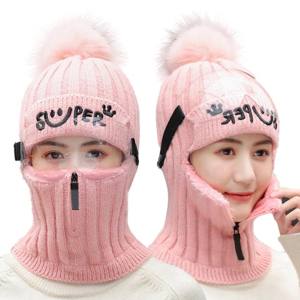 Conjunto De Bufanda De Gorro De Punto De Invierno Con Gafas, Gorro Con Cremallera, Orejeras, Gorros Forrados De Lana Con Pompón, Gorro A Prueba De Viento, Calentador De Cuello Para Esquí Y Ciclismo Monstrate AP008076-04