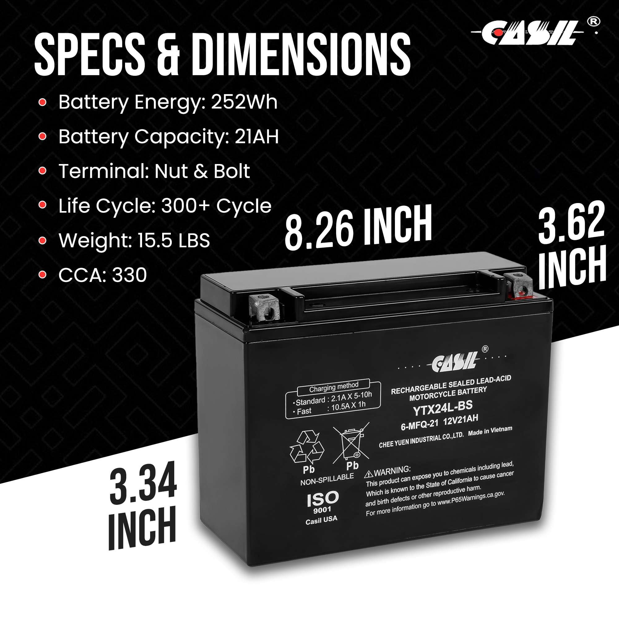 Casil YTX24HL-BS Motorcycle Battery 12v 21ah Power Sports Battery Replaces Yamaha Virago XV 92010001100 XVZ Venture Royale