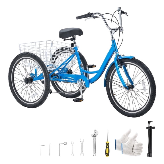 KFFKFF Adult Tricycle Non-Foldable 24-Inch 7-Speed Shimano Transmission 3-Wheel Cruiser Bike Cargo Basket, Durable Double-Wall Rims, Carbon Steel Picnics, Daily Use by Women, Men, and Seniors, Blue