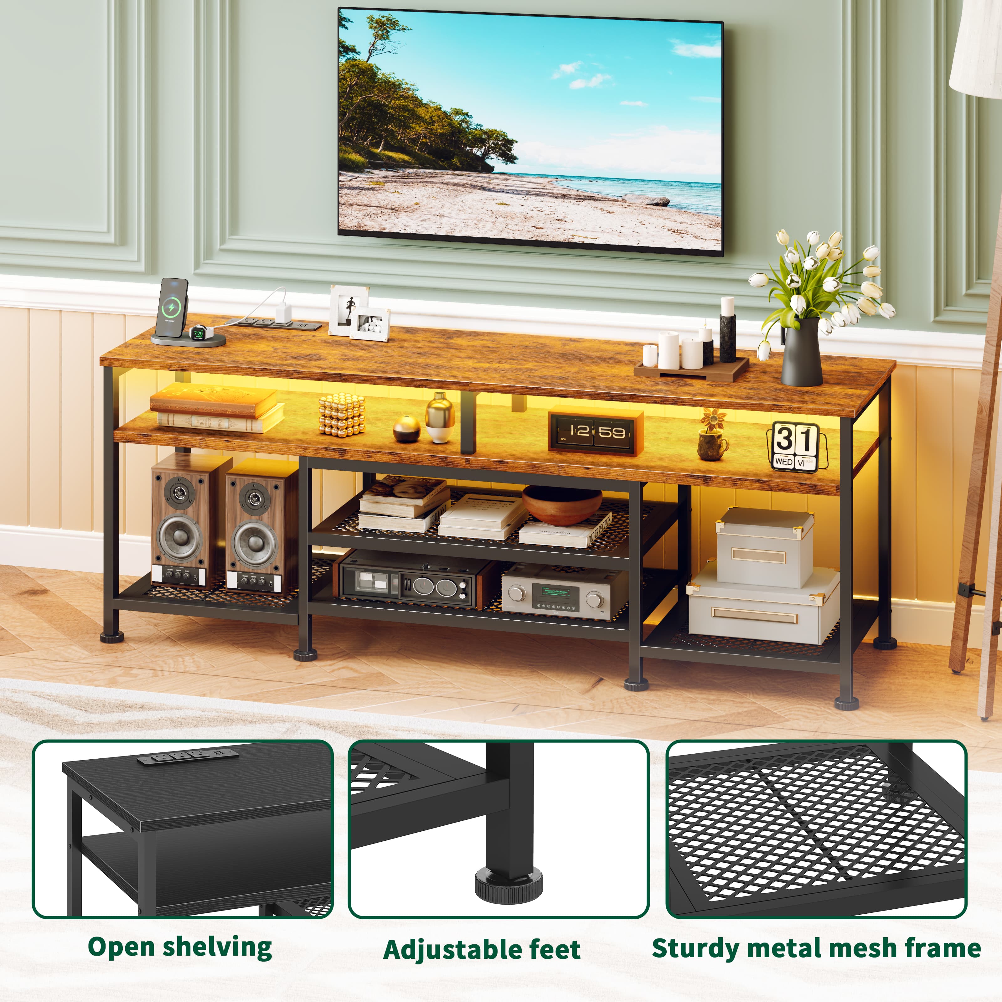 Tydimor Modern 70" TV Stand with LED Lighting, Rustic Brown photo 5