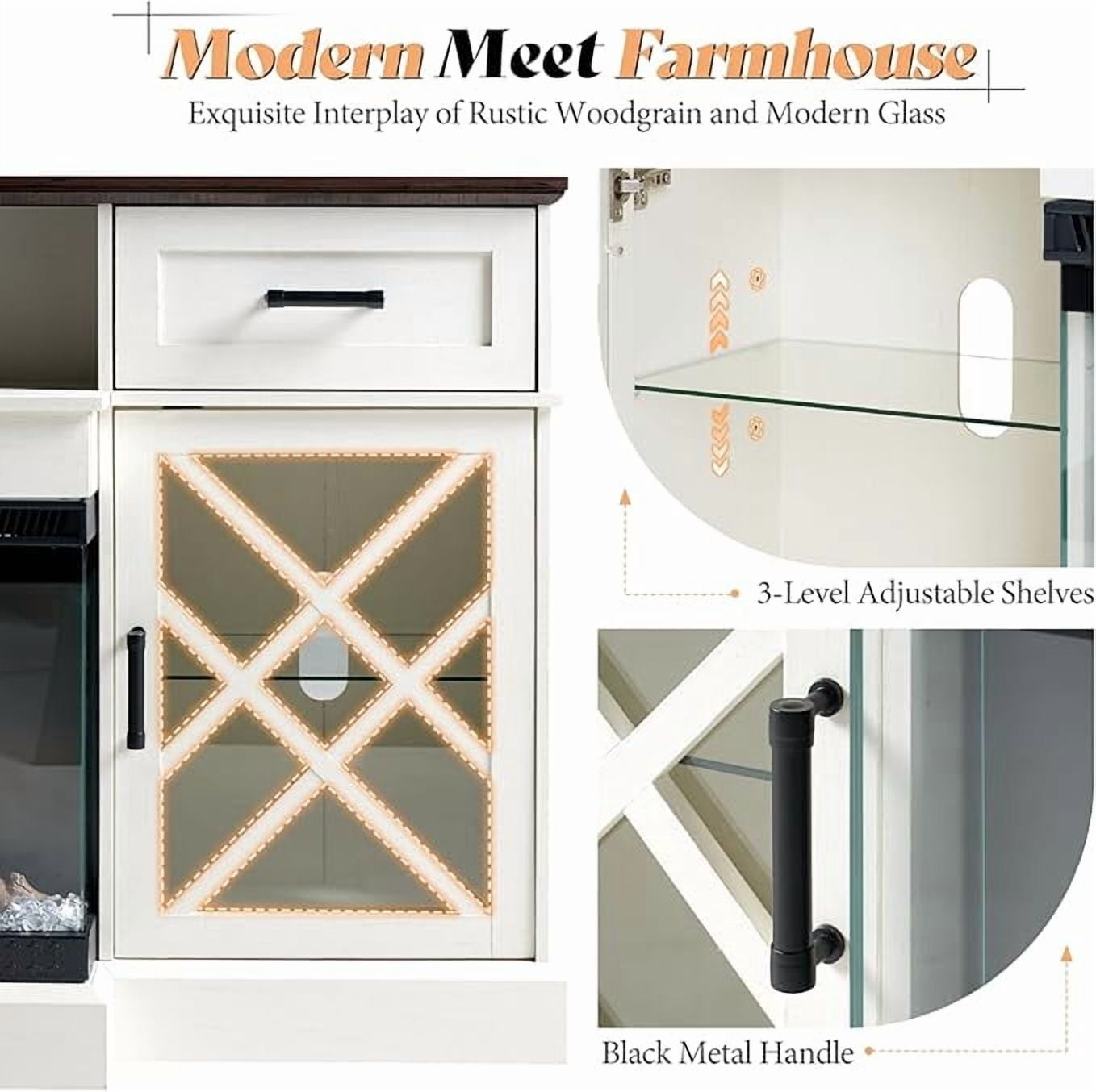 PLAUIN Farmhouse LED Fireplace TV Stand, 3-Sided Glass Fireplace, Large Entertainment Center
