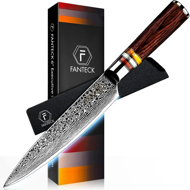 FANTECK Utility Knife 6 Inch, Japanese Damascus Kitchen Petty Knife, VG10 67 Layer Pro Razor Sharp Cutting Fruit Carving Chef’s Paring Knives with Sheath& Gift box, Ergonomic Pakkawood Handle