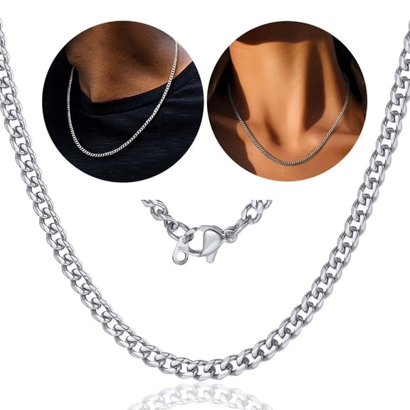 ChainsHouse Silver Cuban Link Chain Necklace for Men Women Stainless Steel 3mm Chunky Chains Choker Necklaces Mens Jewelry Gift, 28 Inches