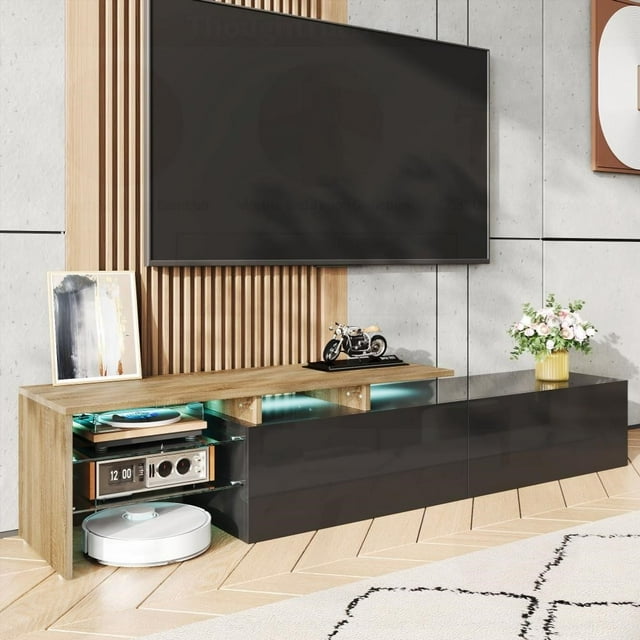 Meuble TV Moderne avec Longueur de 67 Pouces & Tons Noir/bois Chaud Brillants & Rangement Ample & Éclairage LED