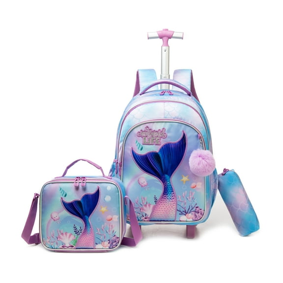 Kids Mermaid Rolling Backpack for School Girls,Backpack with Lunch Box Pencil Case for Elementary Students Ages 6-8