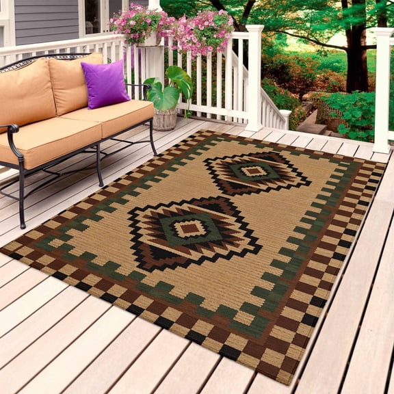 Brown Black Green Outdoor Rug 3x5 Ft, Non Slip Washable Area Rug, Boho Southwestern Geometric Patio Rugs Carpet Runner, Large Floor Mat for Indoor/Outdoor Deck Porch Camping