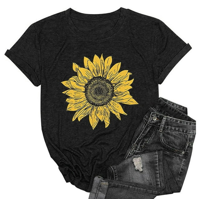 Jsaierl T-Shirts Tournesol pour Femmes Mignons Drôles Graphiques Tees Adolescentes Inspirants Col Rond Hauts Décontractés Manches Courtes Blouses de Vacances
