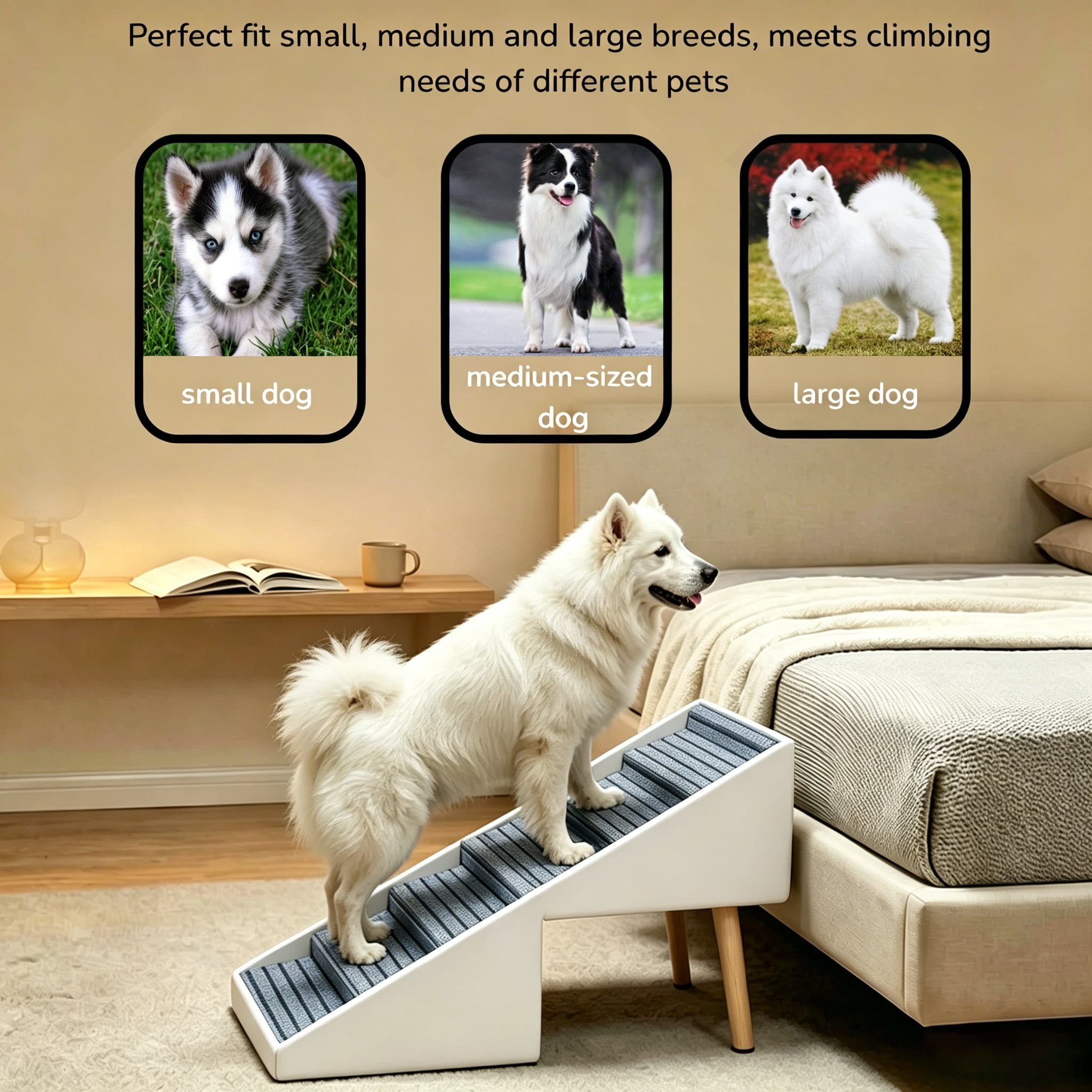 2 in 1 Dog Stairs for Bed and Couch 25.2" Foldable Dog ramp for Couch 6 Pet Steps & Ottoman for Small and Large Dogs, Beige