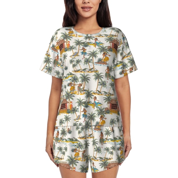 Fotbe Hawaiian Style Conjunto de Pijama Estampado para Mujer, 2 Piezas, Ropa de Dormir con Camiseta de Manga Corta y Shorts Suaves-XX-Large