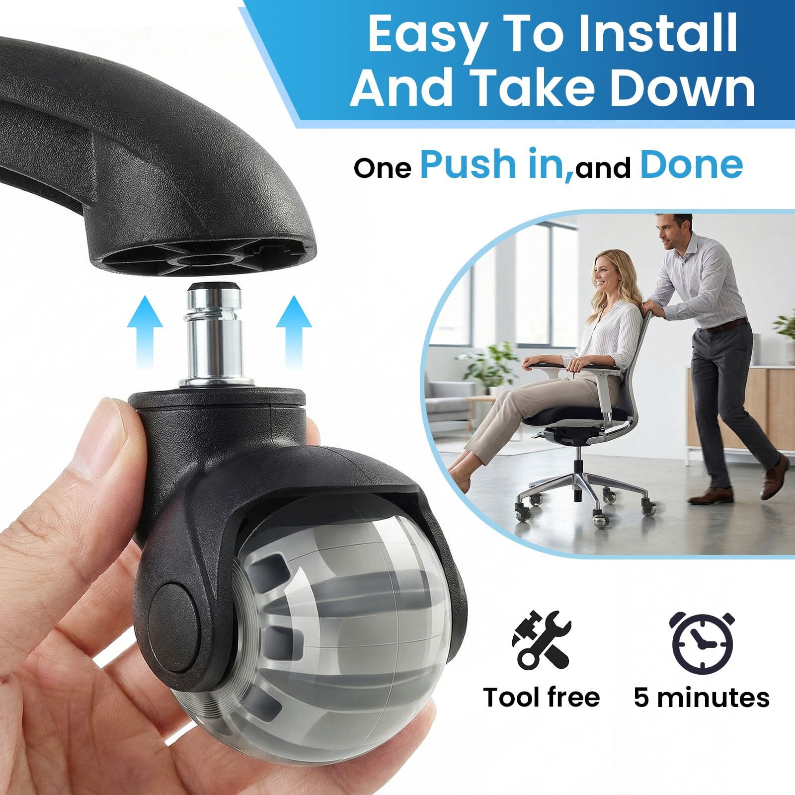 TOPCHANCES 2" Quiet Smooth Office Chair Wheels – 360° Swivel Universal Stem Caster Set of 5, for Hardwood & Carpet, No Tools