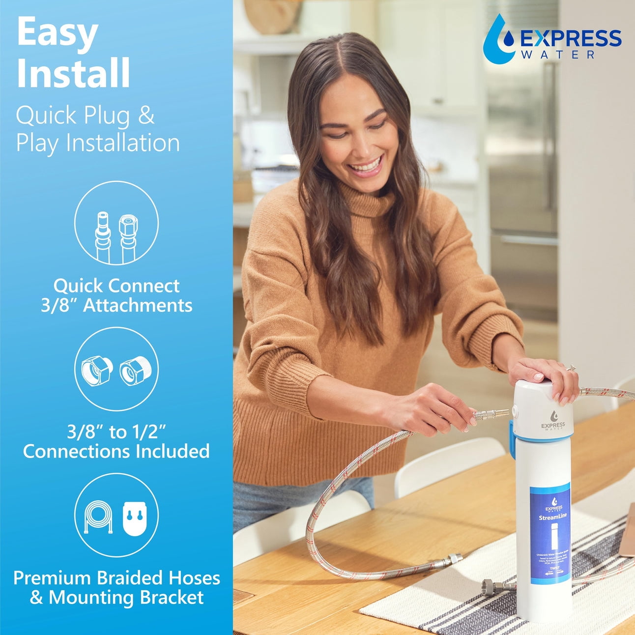 Express Water StreamLine USC001 Under Sink Water Filter System, Reduces PFAS, PFOA/PFOS, Lead, Chlorine, Under Counter Water Filter Direct Connect to Kitchen Faucet NSF/ANSI 42, 53, 372, 401 Certified