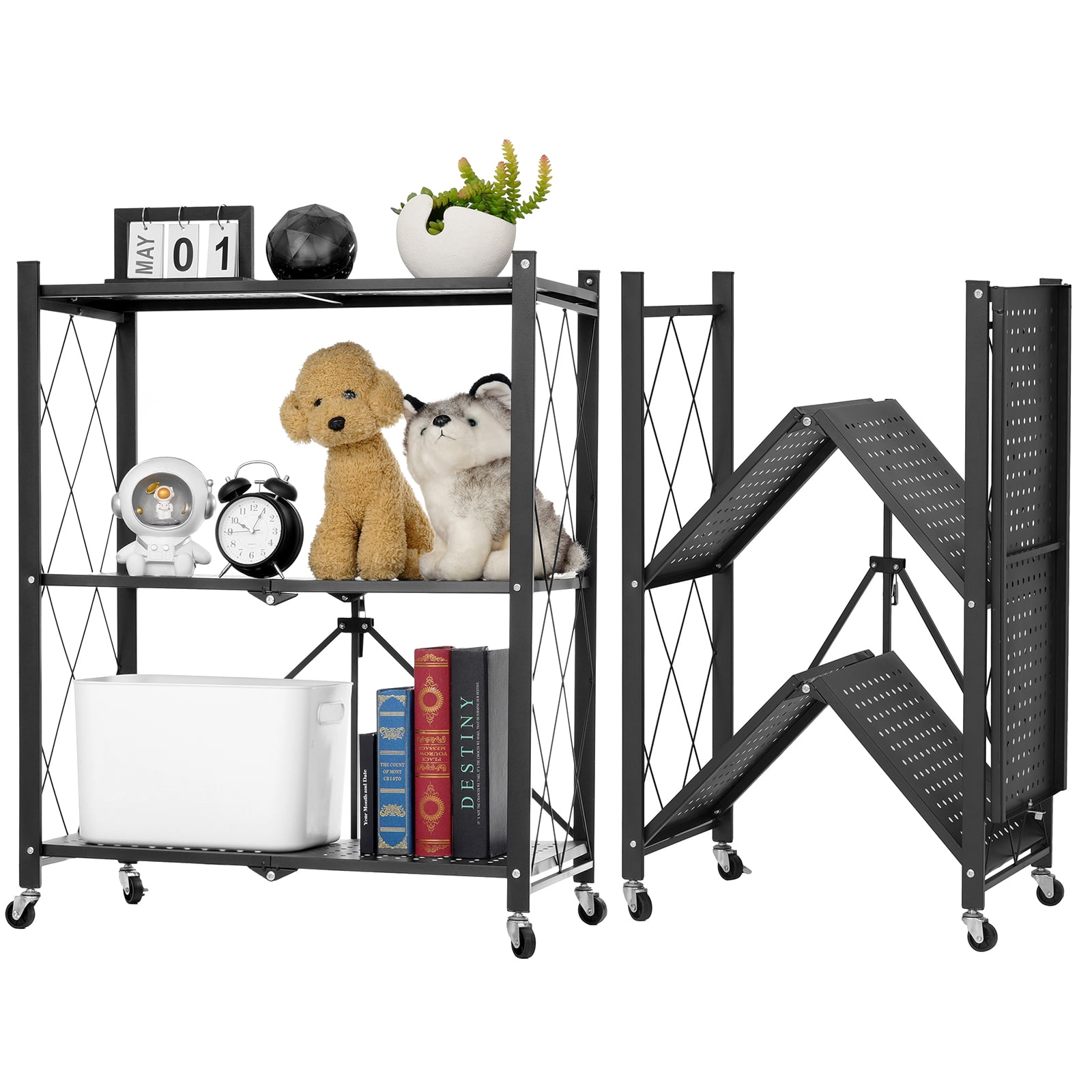 Storage Shelves, HONEIER 3 Tier Heavy Duty Foldable Metal Rack Storage Shelving Unit with Wheels, No Assembly Storage Rack Garage Shelff Kitchen Shelf Collapsible Organizer Rack