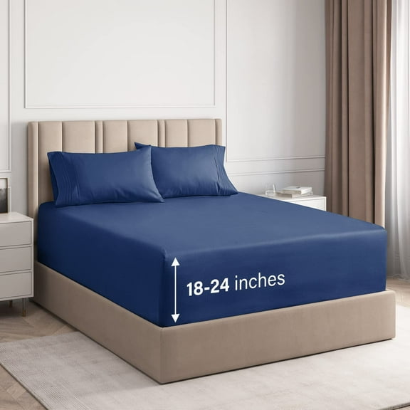 CGK Linens 4-Piece Extra Deep Pocket Sheet Set - Full Size Breathable & Cooling Bed Sheets Fits 18"-24" Mattresses, Navy Blue