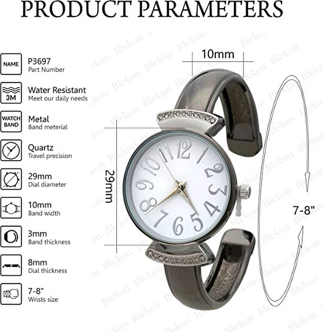 Blekon Collections Womens 29mm Case Large Numbers Narrow Cuff Bangle Watch