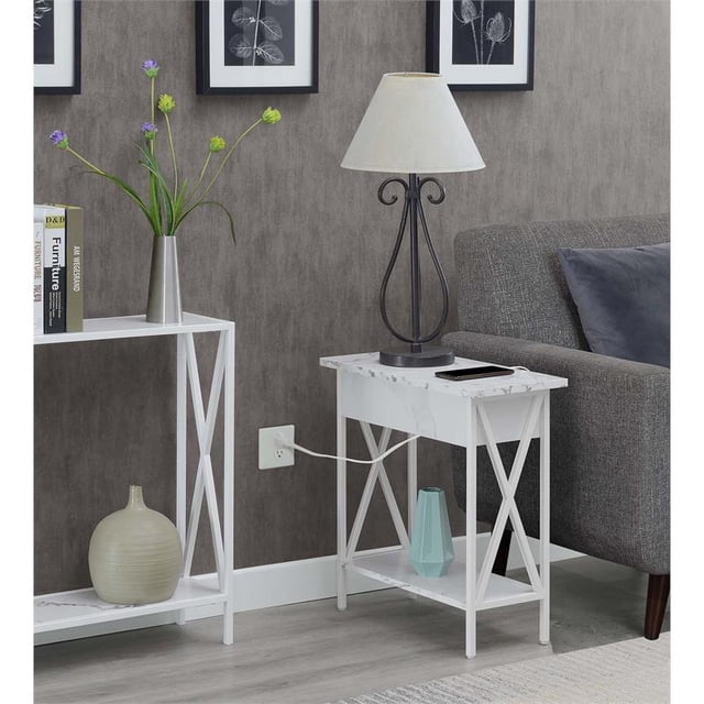 Table à Rabat Tucson avec Station de Charge et Étagère en Bois de Marbre Blanc