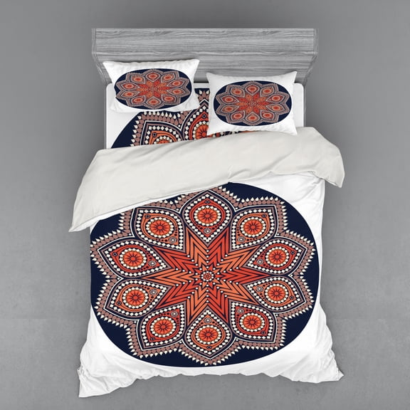 Ambesonne Mandala Bedding Set 4 Pcs, Eastern Boho Medallion Art, Queen, Dark Night Blue Rust
