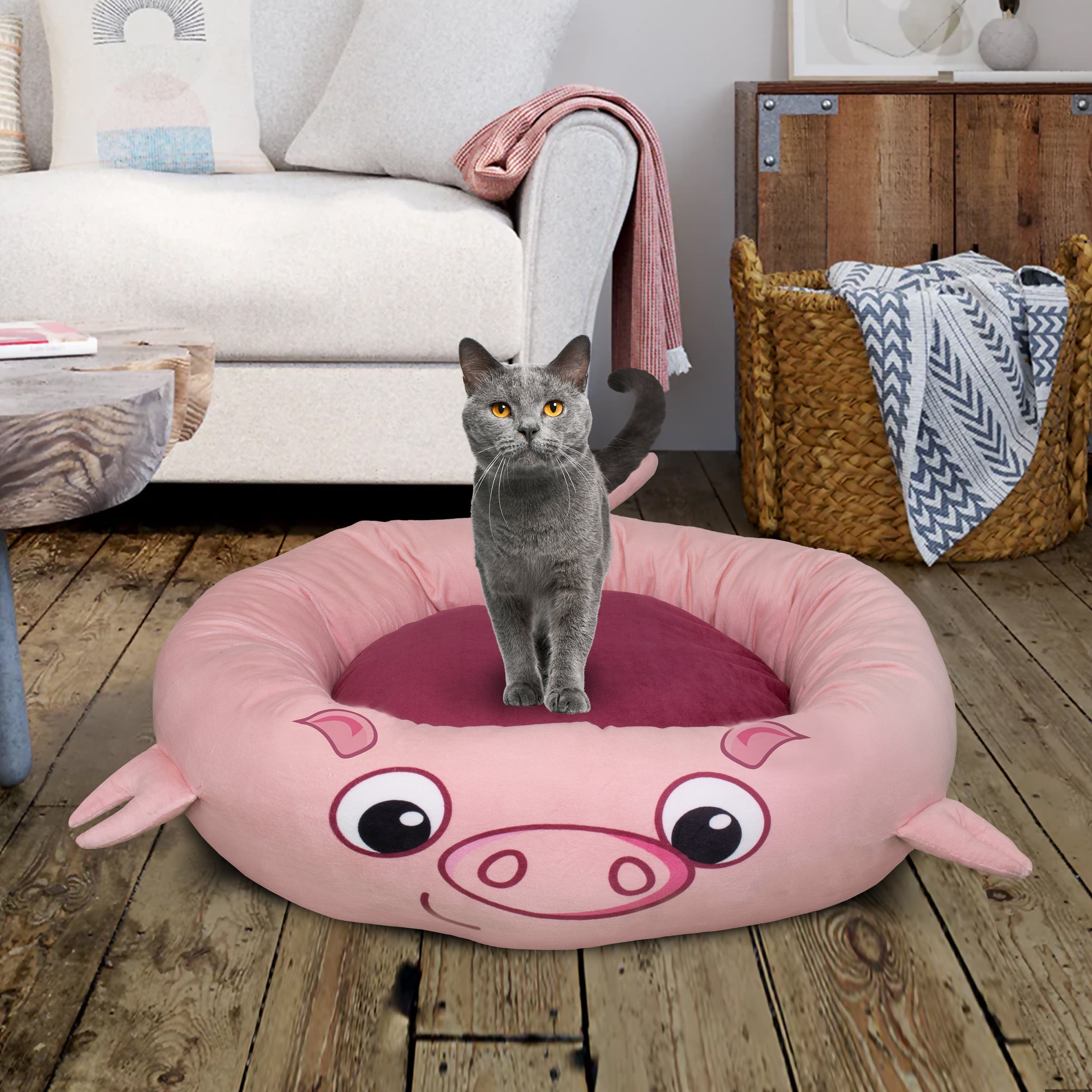 Maccabi Art Pig- Round Bolster Cuddle Pet Bed for Dogs, Cats - Medium 24"