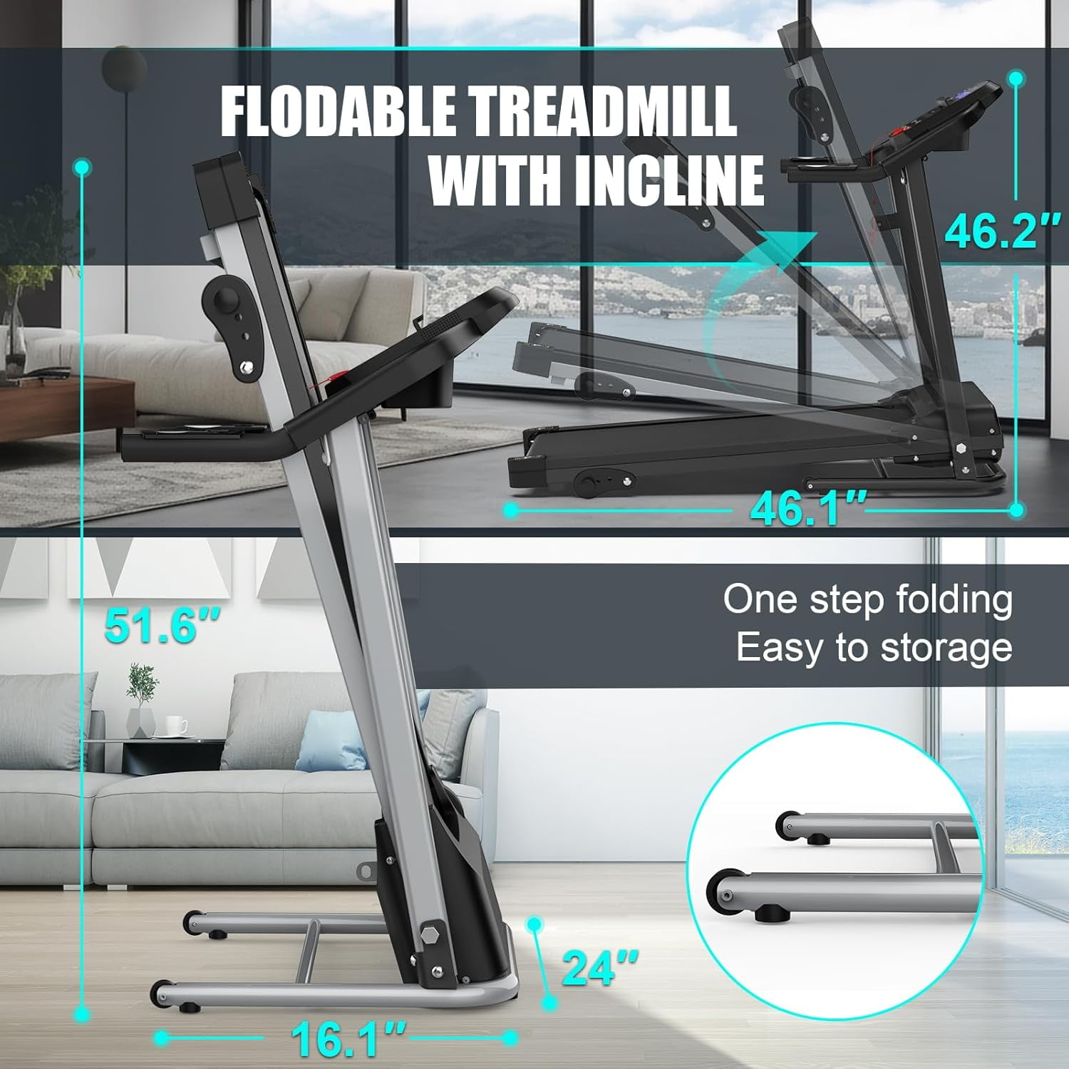 Folding Treadmill with Manual Incline, Fitness Workout Exercise Machine  LCD Screen, Shock-Absorbent Running Deck, Device Holder - Black
