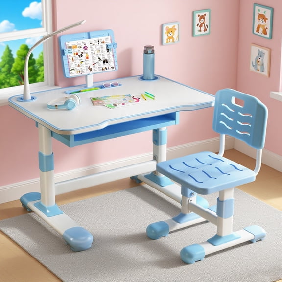 dianhelloya Kids Adjustable Study Desk and Chair Set with LED Lamp Tiltable Reading Stand Large Drawer Height Adjustable Pink Blue