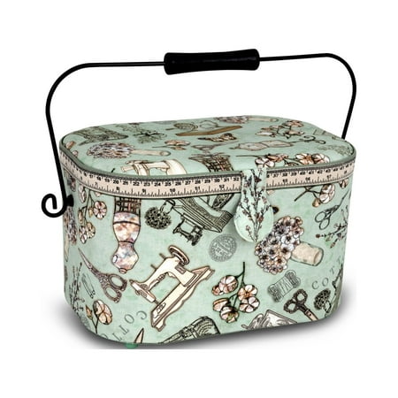 UPC: 0072879629439 | Dritz Oval Sewing Basket with Metal Handle Large Green Sewing Print