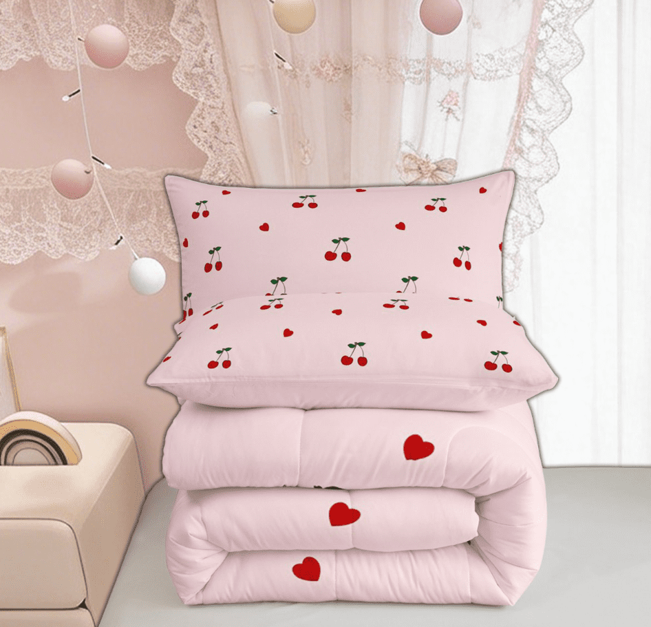 Manfei Girly Pink Cherry Bedding Comforter Set for Kids Girls, Kawaii Cute Cartoon Twin Comforter Sets,Pink Reversible, 2-Piece