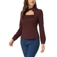 thumbnail image 4 of INSPIRE CHIC Women Houndstooth Print Choker Neck Puff Long Sleeve Elegant Casual Blouse Top XS Dark Red, 4 of 6