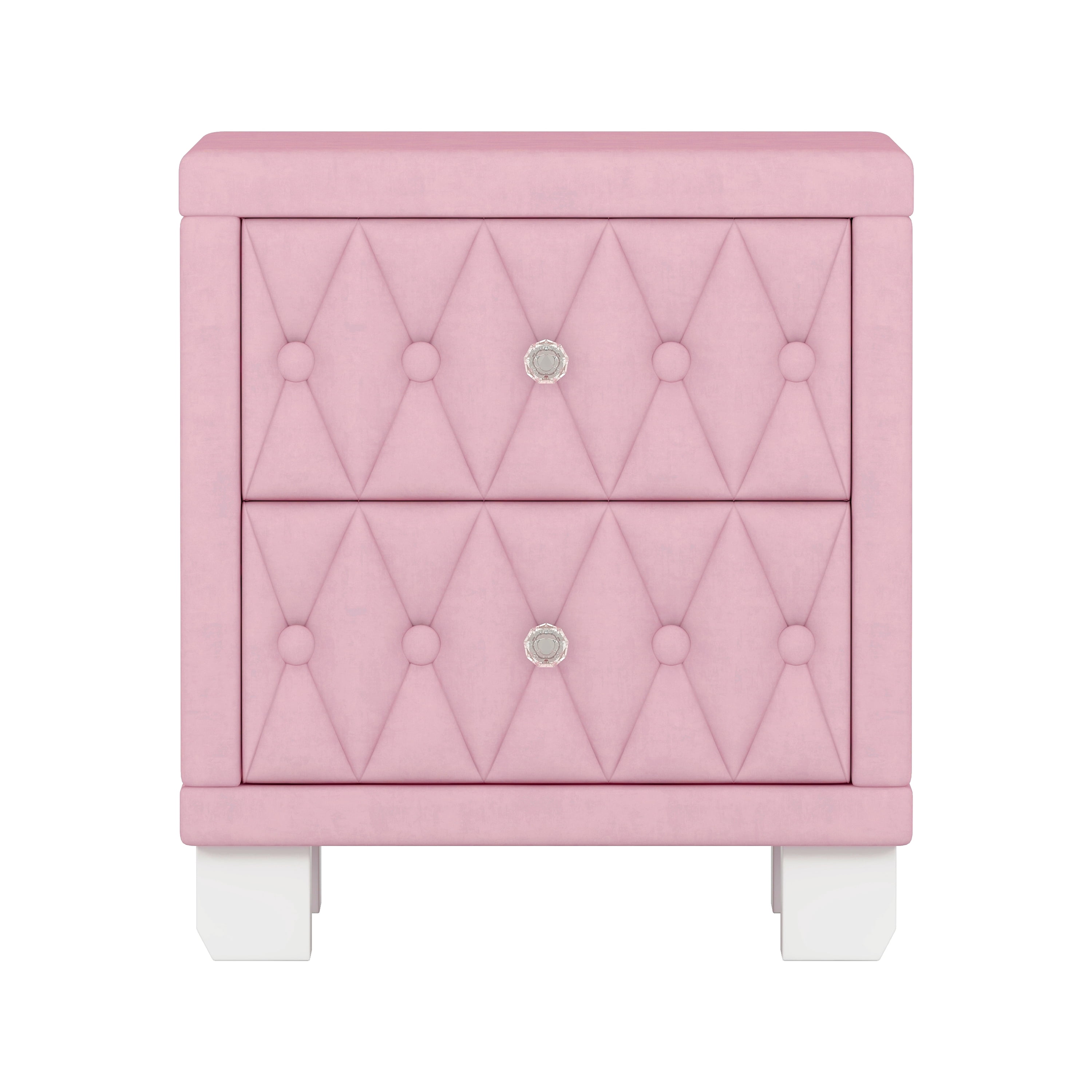 GARITIN Elegant Velvet Nightstand with 2 Drawers & Crystal Handle, Storage Bedside Table with Button-Tufted Design for Bedroom Guest Room, Pink