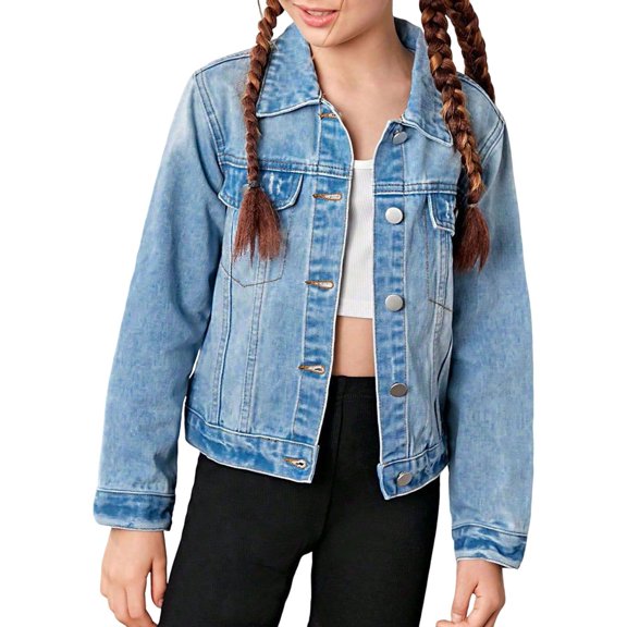 LNMQLPDBS Girls Button Down Denim Jacket Casual Long Sleeve Washed Outerwear Kids Everyday Wear Lightweight Fashion Jean Jacket for Casual Outings and Daily Wear