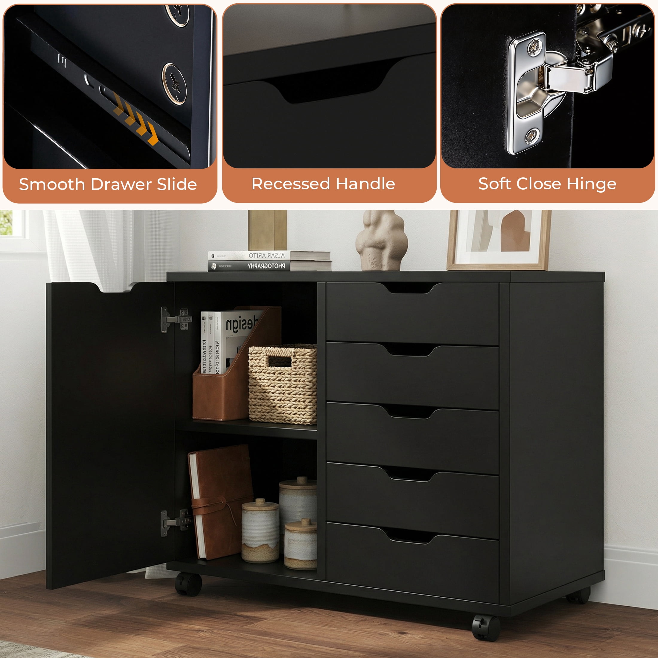 EDX 5-Drawer Wood File Cabinet, Mobile Printer Stand with Adjustable Shelf & Wheels, Storage Shelves for Home Office, Black