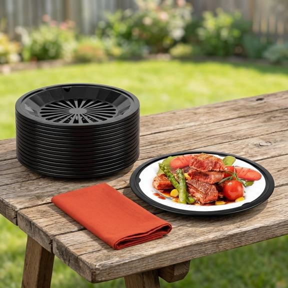 12 Pack Heavy Duty Paper Plate Holders with Snap-in Grooves – 10 Inch Reusable Plastic Plate Supports for Picnic, Party & Dinner (Black)