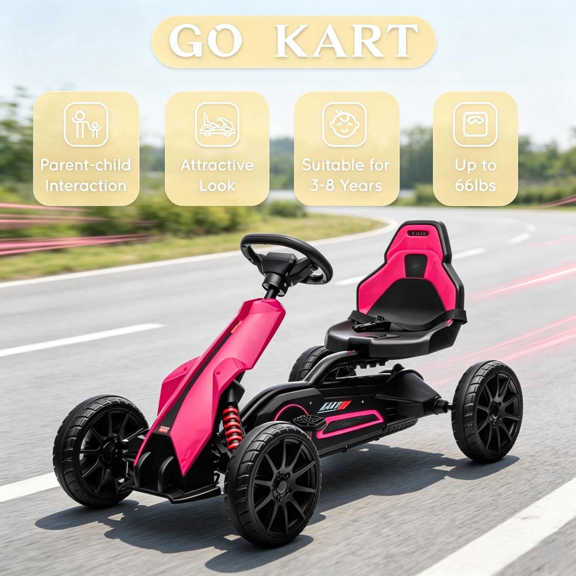 Kids Pedal Go Kart, Adjustable Seat, Durable Swing Axle, Safe Outdoor Ride-On Toy, Pink