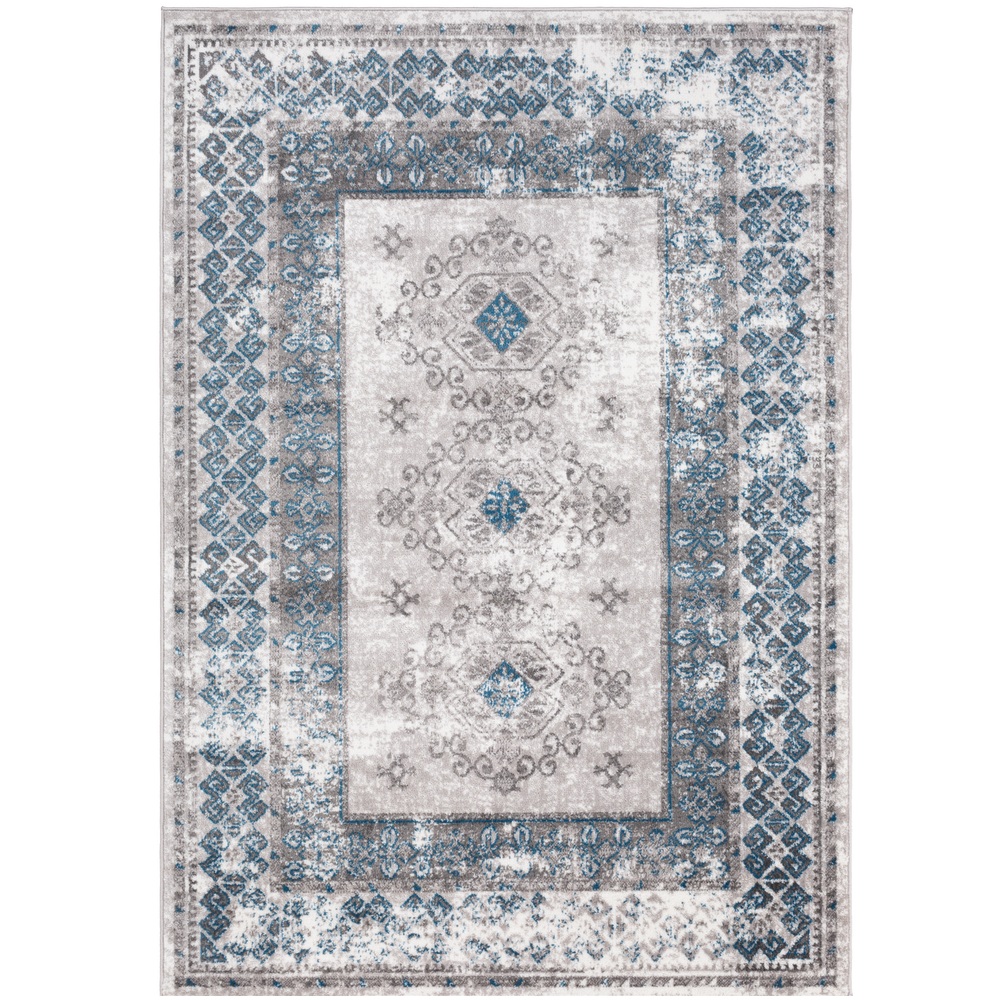 6'7" x 9' Distressed Finish with Geometric Border Blue and Beige