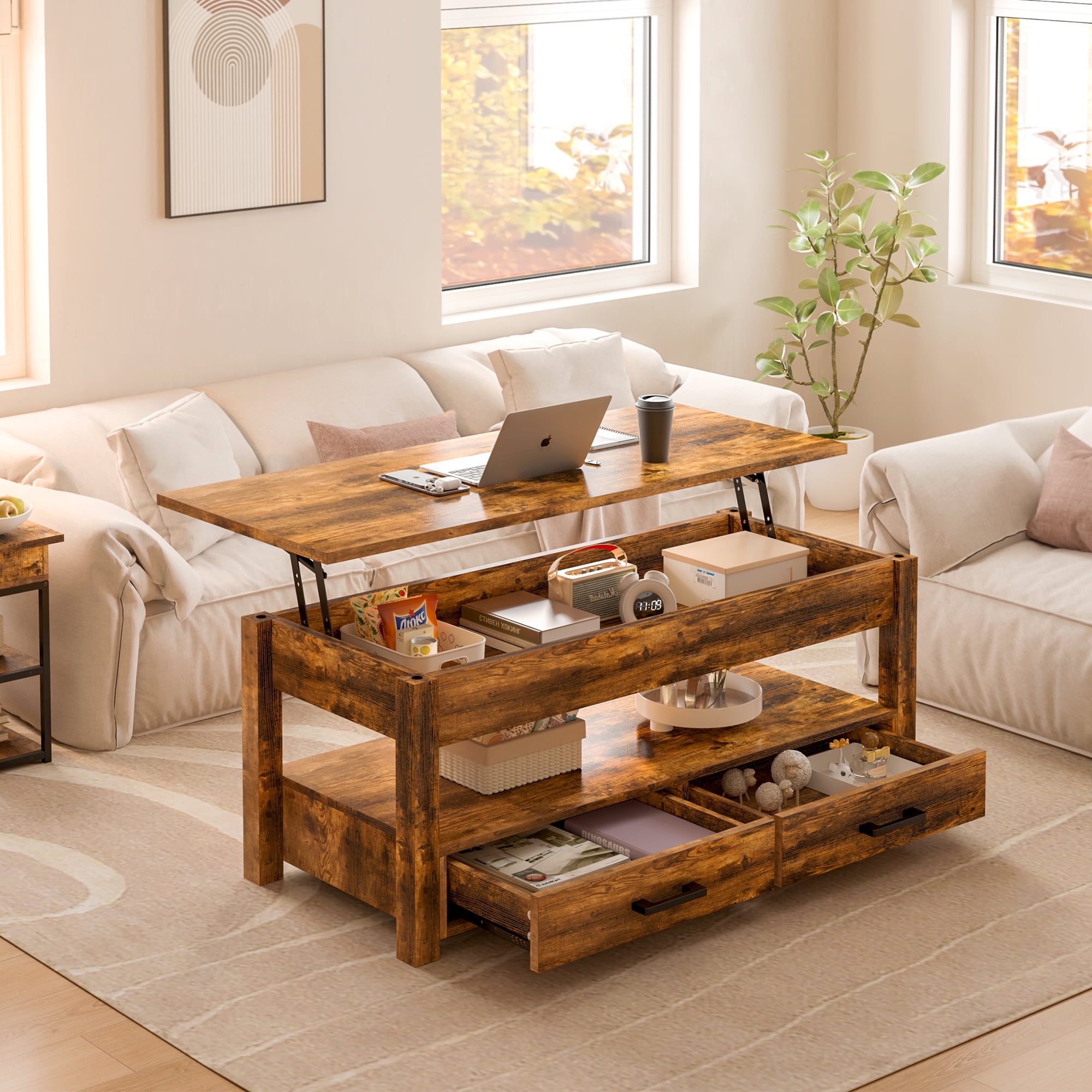 GUNAITO Lift Top Coffee Table with 2 drawers,Wooden Convertible