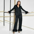 thumbnail image 4 of XIAOCHA Women's Satin Feather Trim Pajama Set Loose Long Sleeve Notched Collar Sleepwear Smooth Luxe Loungewear Pajamas Set, 4 of 8