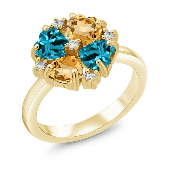 Gem Stone King 18K Yellow Gold Plated Silver London Blue Topaz and Yellow Citrine Ring for Women (2.10 Cttw, Heart Shape 5MM, Gemstone November Birthstone, Size 5)