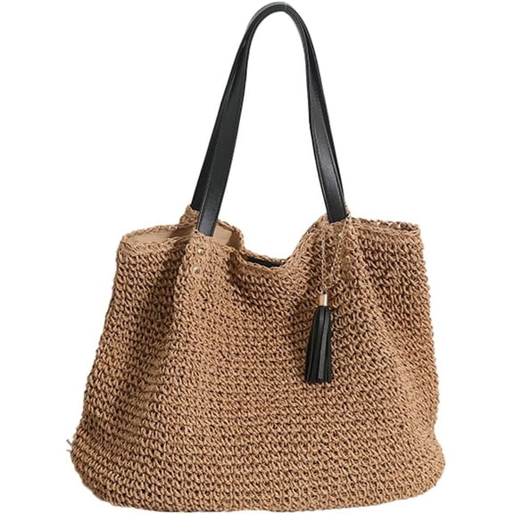 Kukuzhu Summer Hand-Woven Beach Straw Bag Tote Bag Women Fashion Large Tassels Travel Holiday Shoulder Bag Handbag