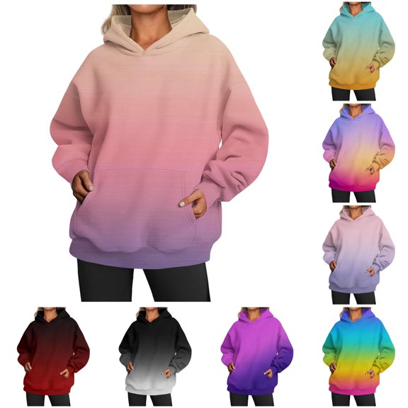 NinXxx Women's Casual Crew Neck Pocket Gradient Hoodie Sweatshirt Pink L