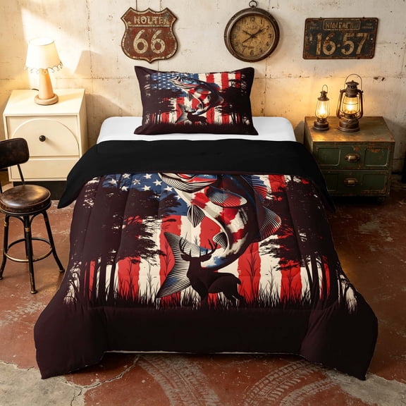 Manfei Retro Fishing Bass Fish Twin Comforter Sets, American Flag Printed Bedding Set, Red Black White, Black Reversible 2-Piece, 1 Comforter and 1 Pillowcase