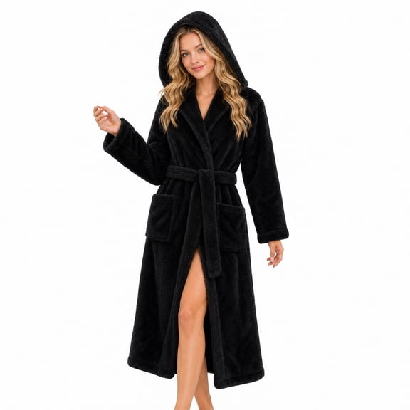 HEARTNICE Womens Hooded Fleece Robe, Long Fluffy Thick Warm Plush Bathrobe,(Black,L-XL)