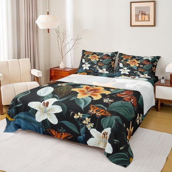 Manfei Retro Flower Twin Sheet Sets,Rustic Lily Twin Fitted Sheet,Green White Orange Flat Sheet For Men Women,Ultra Soft Home Decor,3-Piece